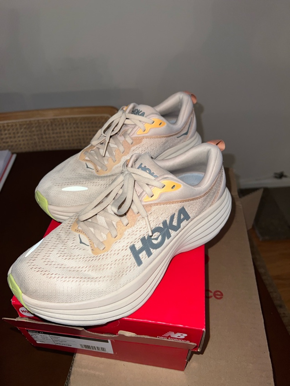 HOKA Women's Bondi 8 Running Shoes in Light Beige with Yellow Accents